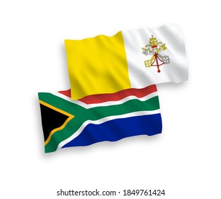 National vector fabric wave flags of Vatican and Republic of South Africa isolated on white background. 1 to 2 proportion.