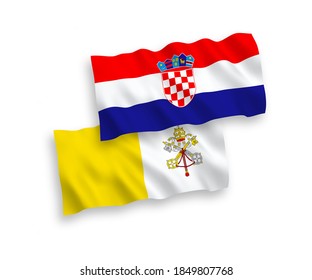 National vector fabric wave flags of Vatican and Croatia isolated on white background. 1 to 2 proportion.
