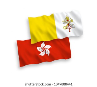 National vector fabric wave flags of Vatican and Hong Kong isolated on white background. 1 to 2 proportion.