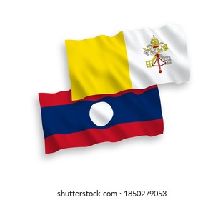 National vector fabric wave flags of Vatican and Laos isolated on white background. 1 to 2 proportion.