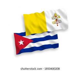National vector fabric wave flags of Vatican and Cuba isolated on white background. 1 to 2 proportion.