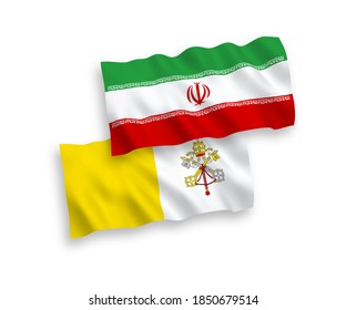National vector fabric wave flags of Vatican and Iran isolated on white background. 1 to 2 proportion.