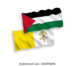 National vector fabric wave flags of Vatican and Palestine isolated on white background. 1 to 2 proportion.