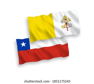National vector fabric wave flags of Vatican and Chile isolated on white background. 1 to 2 proportion.