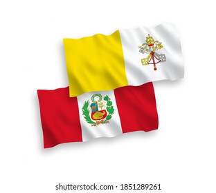 National vector fabric wave flags of Vatican and Peru isolated on white background. 1 to 2 proportion.