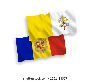 National vector fabric wave flags of Vatican and Andorra isolated on white background. 1 to 2 proportion.
