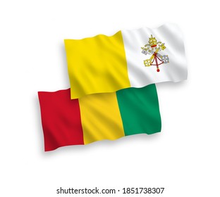 National vector fabric wave flags of Vatican and Guinea isolated on white background. 1 to 2 proportion.