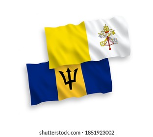 National vector fabric wave flags of Vatican and Barbados isolated on white background. 1 to 2 proportion.