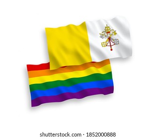National vector fabric wave flags of Vatican and Rainbow gay pride isolated on white background. 1 to 2 proportion.