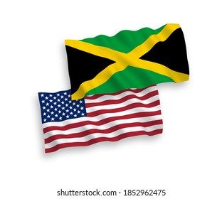 National vector fabric wave flags of Jamaica and USA isolated on white background. 1 to 2 proportion.