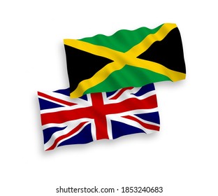 National vector fabric wave flags of Great Britain and Jamaica isolated on white background. 1 to 2 proportion.