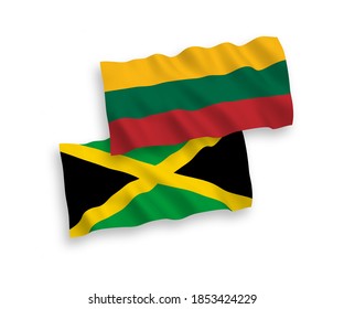 National vector fabric wave flags of Lithuania and Jamaica isolated on white background. 1 to 2 proportion.
