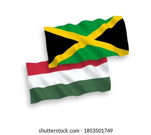 National vector fabric wave flags of Jamaica and Hungary isolated on white background. 1 to 2 proportion.