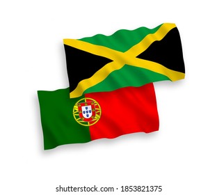 National vector fabric wave flags of Portugal and Jamaica isolated on white background. 1 to 2 proportion.