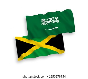 Banderas de olas de tela vectorial nacional de Arabia Saudita y Jamaica aisladas en fondo blanco. de 1 a 2.