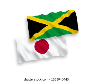 National vector fabric wave flags of Japan and Jamaica isolated on white background. 1 to 2 proportion.