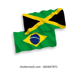 National vector fabric wave flags of Brazil and Jamaica isolated on white background. 1 to 2 proportion.