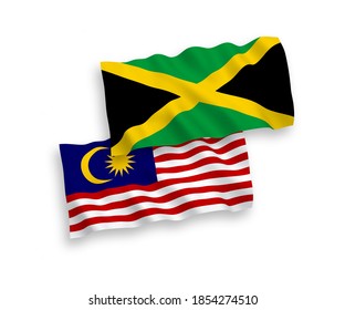 National vector fabric wave flags of Jamaica and Malaysia isolated on white background. 1 to 2 proportion.
