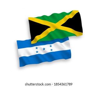 National vector fabric wave flags of Jamaica and Honduras isolated on white background. 1 to 2 proportion.