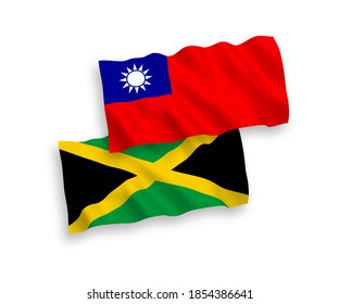 National vector fabric wave flags of Jamaica and Taiwan isolated on white background. 1 to 2 proportion.