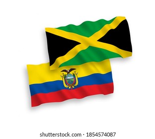 National vector fabric wave flags of Jamaica and Ecuador isolated on white background. 1 to 2 proportion.