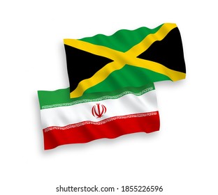 Banderas de ondulación de tela vectorial nacional de Jamaica e Irán aisladas en fondo blanco. de 1 a 2.