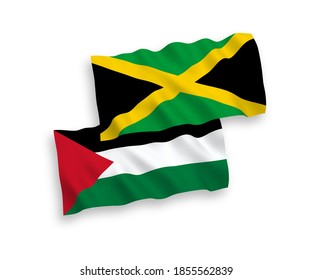 National vector fabric wave flags of Jamaica and Palestine isolated on white background. 1 to 2 proportion.