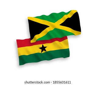 National vector fabric wave flags of Jamaica and Ghana isolated on white background. 1 to 2 proportion.
