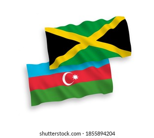 National vector fabric wave flags of Jamaica and Azerbaijan isolated on white background. 1 to 2 proportion.