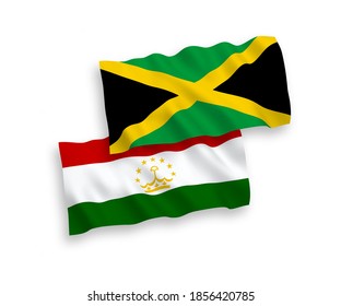 National vector fabric wave flags of Jamaica and Tajikistan isolated on white background. 1 to 2 proportion.