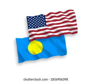 Banderas de olas de tela vectorial nacional de Palau y Estados Unidos aisladas en fondo blanco. de 1 a 2.