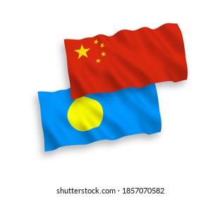 National vector fabric wave flags of Palau and China isolated on white background 1 to 2 proportion.
