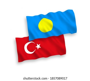 National vector fabric wave flags of Turkey and Palau isolated on white background. 1 to 2 proportion.