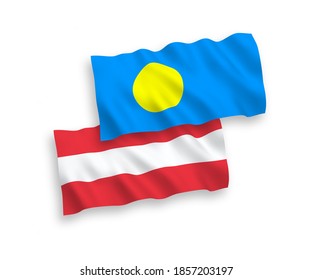 National vector fabric wave flags of Austria and Palau isolated on white background. 1 to 2 proportion.