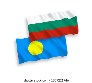 National vector fabric wave flags of Bulgaria and Palau isolated on white background. 1 to 2 proportion.