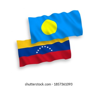 National vector fabric wave flags of Venezuela and Palau isolated on white background. 1 to 2 proportion.