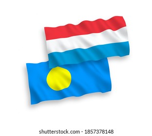 Banderas de olas de tela vectorial nacional de Palau y Luxemburgo aisladas en fondo blanco. de 1 a 2.