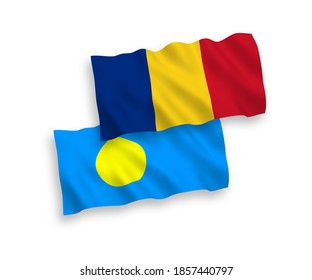 National vector fabric wave flags of Romania and Palau isolated on white background. 1 to 2 proportion.