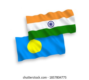 National vector fabric wave flags of India and Palau isolated on white background. 1 to 2 proportion.
