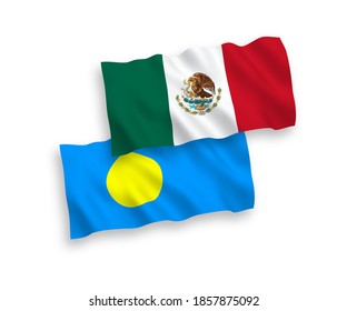 Banderas de olas de tela vectorial nacional de México y Palau aisladas en fondo blanco. de 1 a 2.