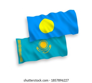 Banderas de olas de tela vectorial nacional de Kazajistán y Palau aisladas en fondo blanco. de 1 a 2.