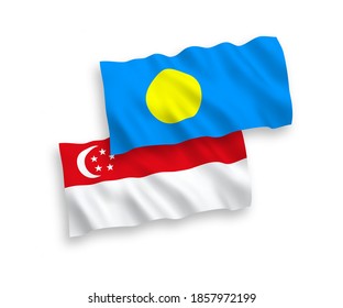 National vector fabric wave flags of Palau and Singapore isolated on white background. 1 to 2 proportion.