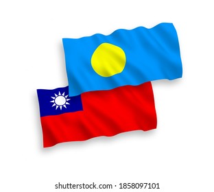 National vector fabric wave flags of Palau and Taiwan isolated on white background. 1 to 2 proportion.