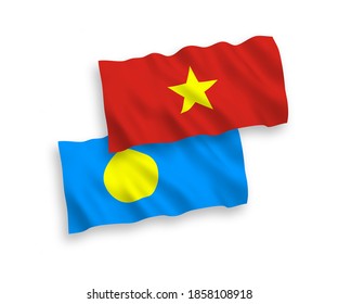 National vector fabric wave flags of Palau and Vietnam isolated on white background. 1 to 2 proportion.