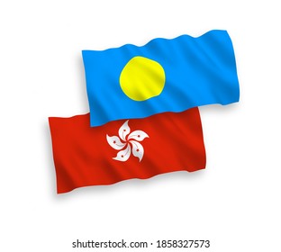 Banderas de olas de tela vectorial nacional de Palau y Hong Kong aisladas en fondo blanco. de 1 a 2.