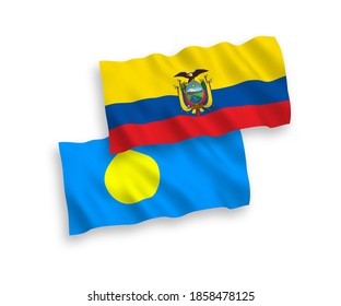 National vector fabric wave flags of Palau and Ecuador isolated on white background. 1 to 2 proportion.
