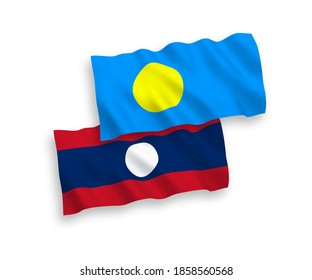 National vector fabric wave flags of Palau and Laos isolated on white background. 1 to 2 proportion.