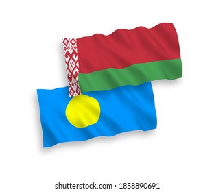 National vector fabric wave flags of Palau and Belarus isolated on white background. 1 to 2 proportion.