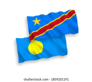 National vector fabric wave flags of Palau and Democratic Republic of the Congo isolated on white background. 1 to 2 proportion.