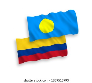 Banderas de olas de tela vectorial nacional de Palau y Colombia aisladas en fondo blanco. de 1 a 2.